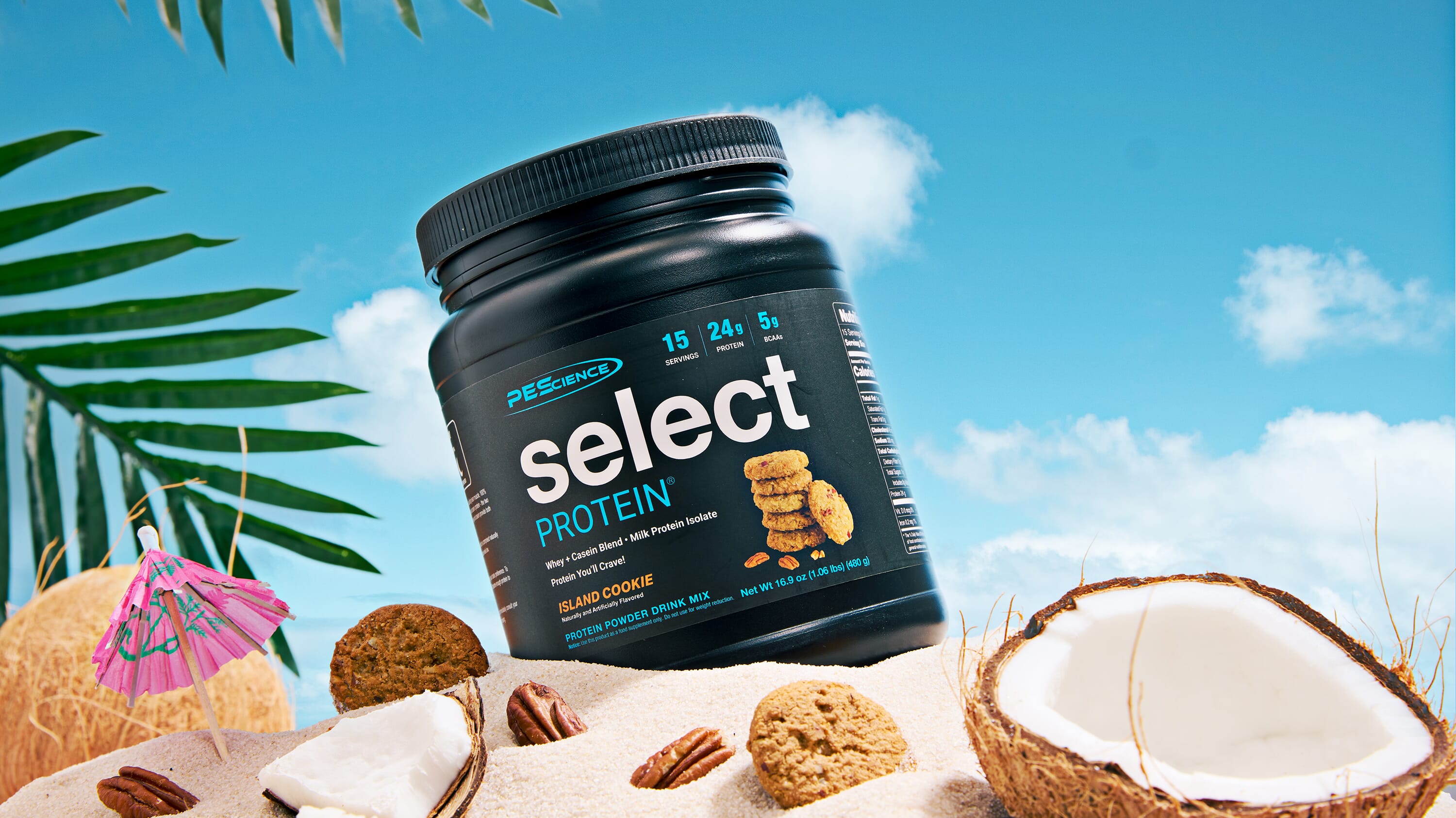 PEScience product styled in a tropical beach setting